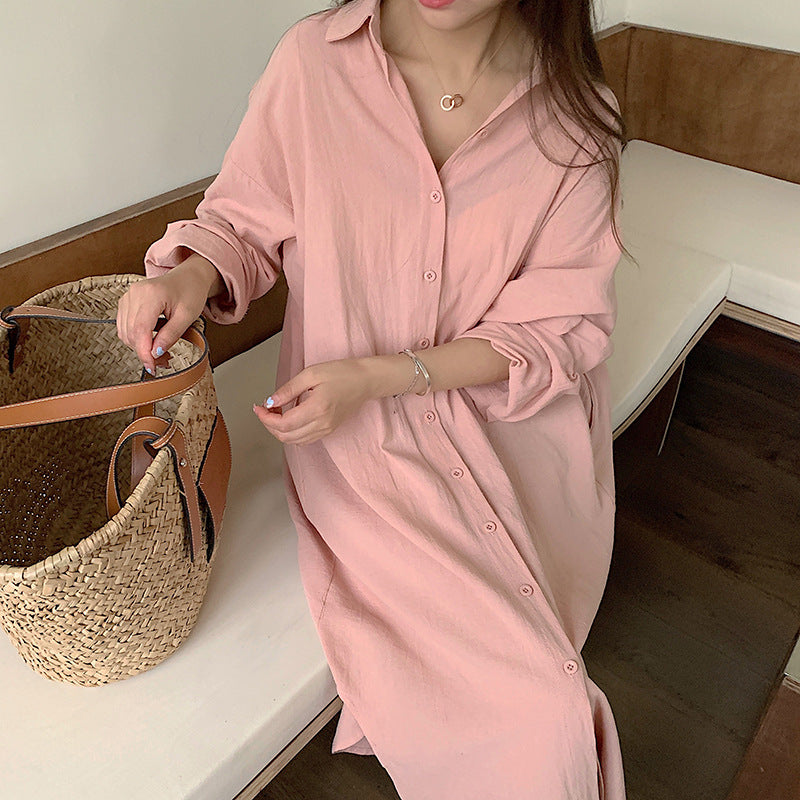 Women Casual Spring Loose Single-breasted Lapel Solid Color Blouse