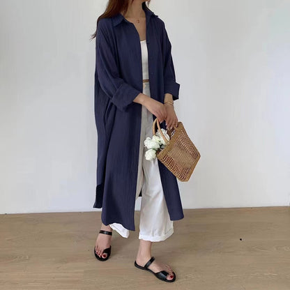 Women Casual Spring Loose Single-breasted Lapel Solid Color Blouse