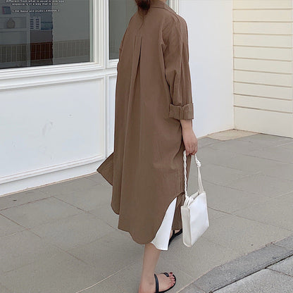 Women Casual Spring Loose Single-breasted Lapel Solid Color Blouse