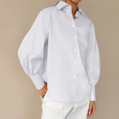 Women Work Casual Color Blocking Single-Breasted Long Puff Sleeves Blouse