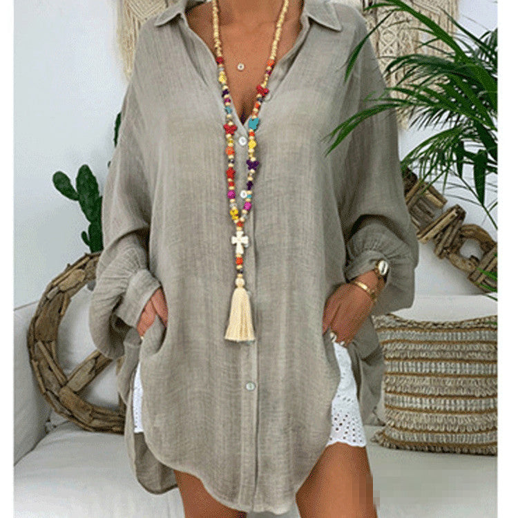 Women Plus Size Casual Basic Solid Color Long Sleeves Beach Style Blouse