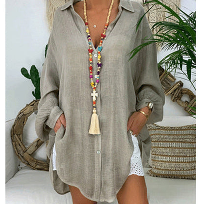 Women Plus Size Casual Basic Solid Color Long Sleeves Beach Style Blouse