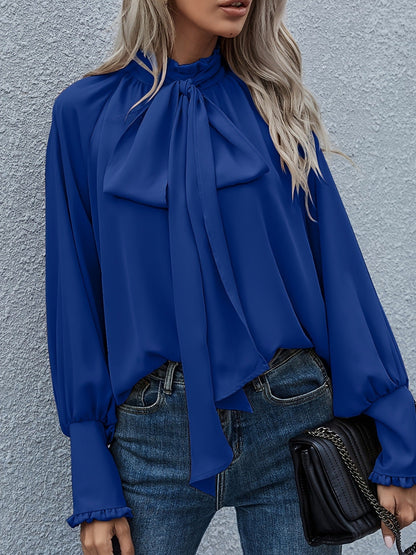 Women Casual Elegant High Neck Bow Tie Bubble Long Sleeve Loose Blouse