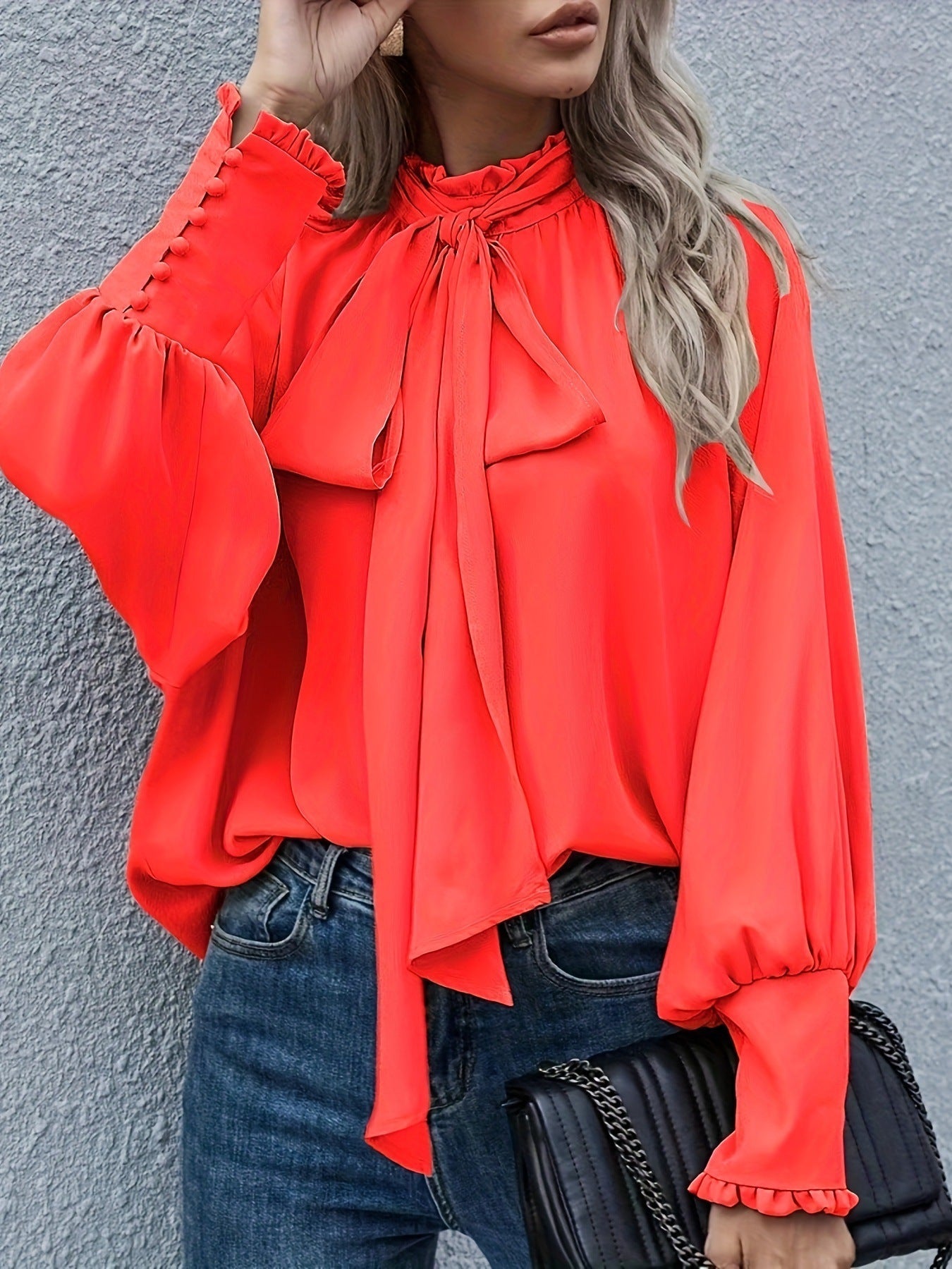 Women Casual Elegant High Neck Bow Tie Bubble Long Sleeve Loose Blouse