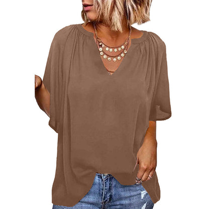 Women Casual Loose Solid Color V-Neck Pullover Ruffled Short Sleeve Blouses