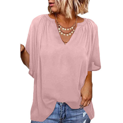 Women Casual Loose Solid Color V-Neck Pullover Ruffled Short Sleeve Blouses