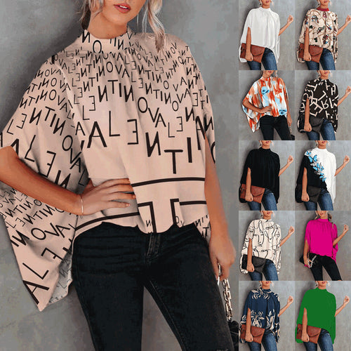 Women Elegant Office Work Casual Loose Fashion Batwing Sleeve Print Round Neck Summer Office Lady Blouse