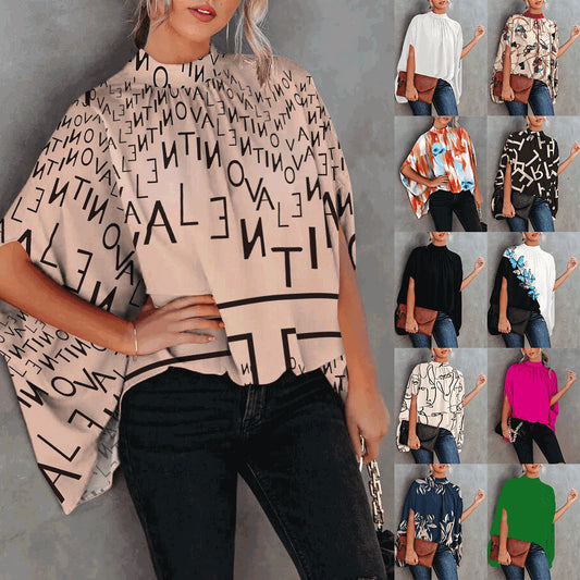 Women Elegant Office Work Casual Loose Fashion Batwing Sleeve Print Round Neck Summer Office Lady Blouse