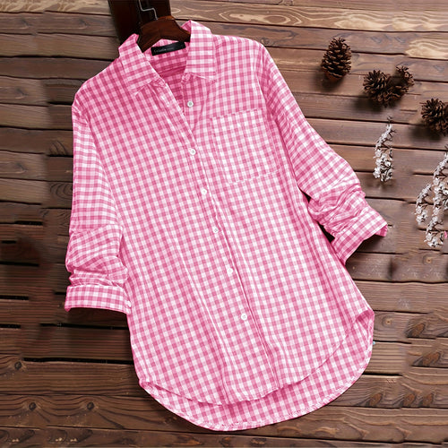 Women Casual Plaid Lapel Long-sleeved Single-breasted Blouse