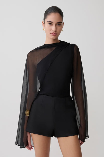 Ida Sheer Asymmetrical Long Sleeve Cape - Black