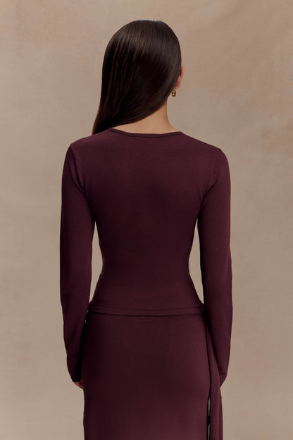 Miraby Front Ruched Knit Long Sleeve Top - Dark Chocolate