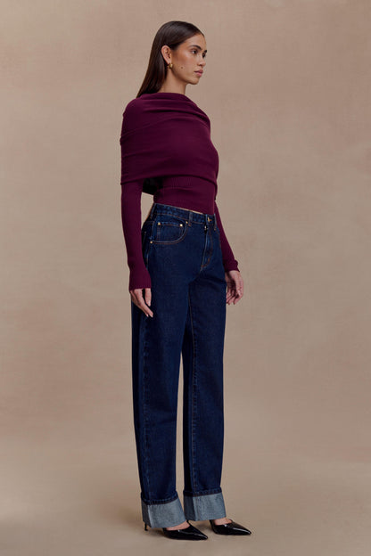 Mazie Asymetrical Cashmere Blend Long Sleeve Knit Top - Plum