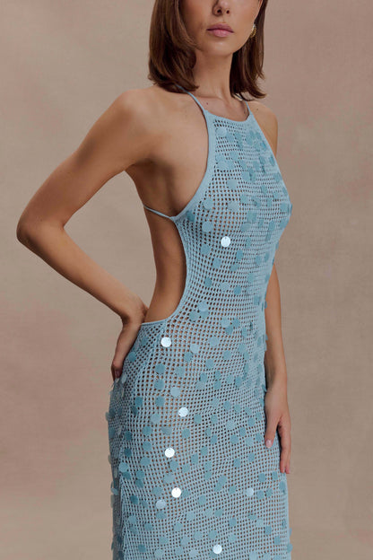 Carmen Crochet Sequin Maxi Open Back Dress - Blue