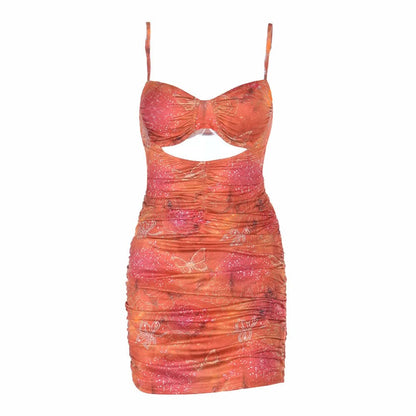 Ruched hollow out v neck print cami cut out mini dress  | Festival Outfits Women