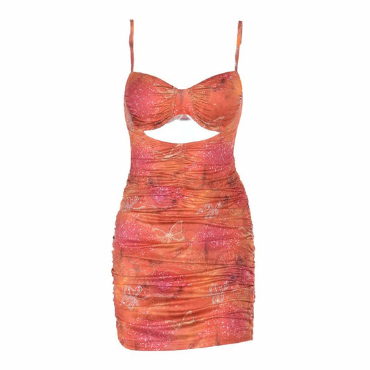 Ruched hollow out v neck print cami cut out mini dress  | Festival Outfits Women