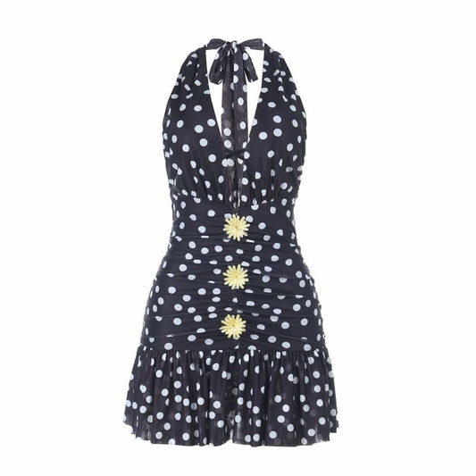 Polka dot halter ruched v neck self tie mini dress  | Festival Outfits Women
