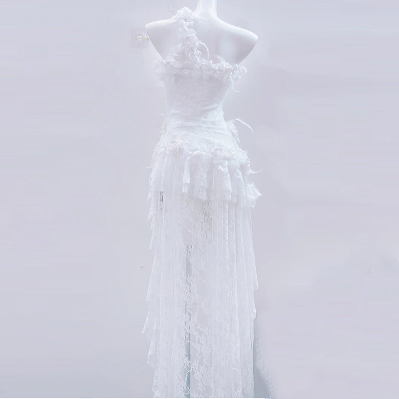 One shoulder lace hem flower applique mini dress  | Festival Outfits Women
