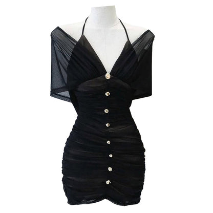Halter off shoulder mesh button mini dress  | Festival Outfits Women