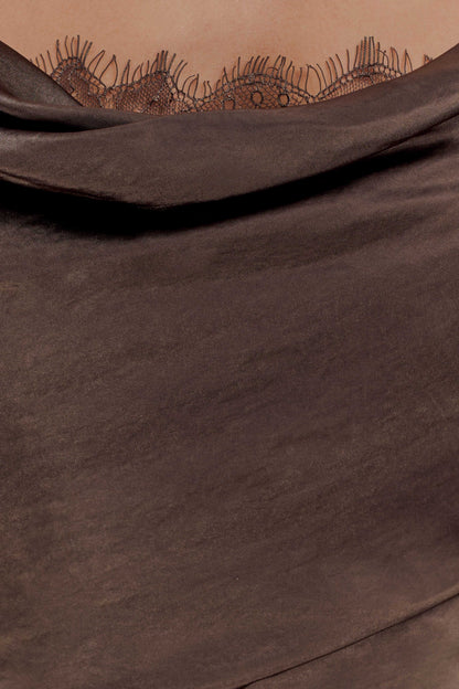 Ashley Cowl Neck Lace And Satin Maxi Dress - Mocha