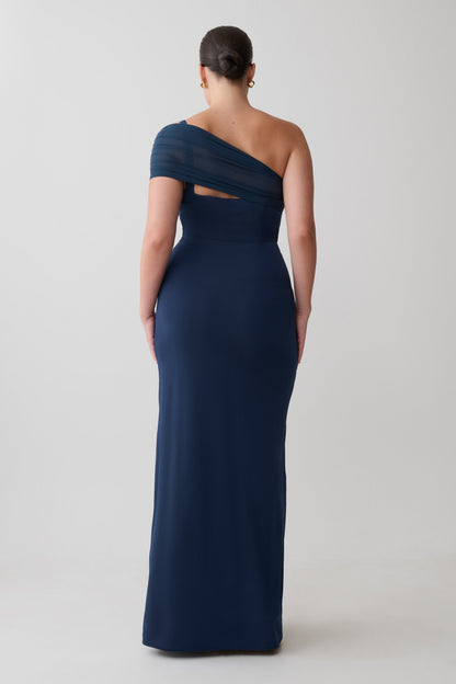 Hanh One Shoulder Mesh Maxi Dress - Ink Blue