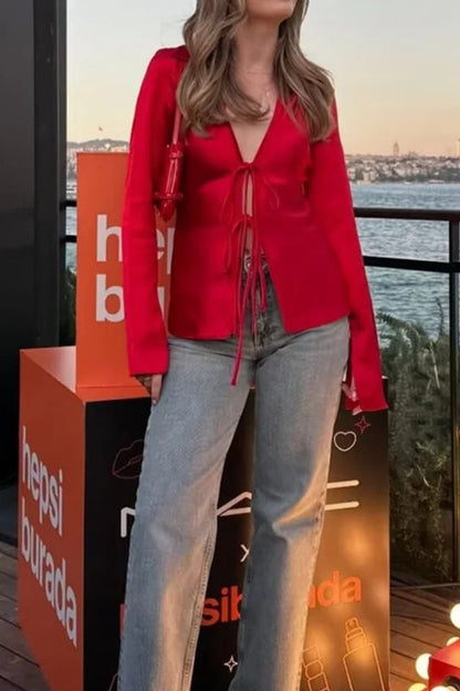 V-Neck Tie-Front Blouse