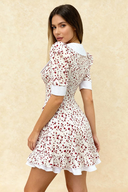 V-Neck Floral Puff Sleeve Babydoll Mini Dress
