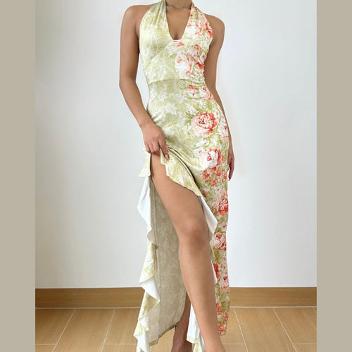 Slit ruffle flower print halter ruched mini dress  | Festival Outfits Women