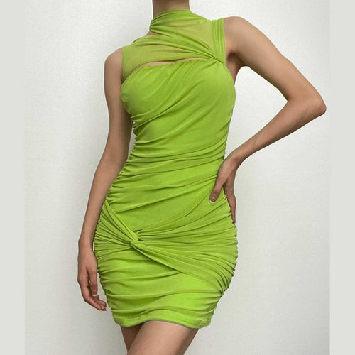 Sleeveless irregular hollow out mesh knotted ruched cut out mini dress