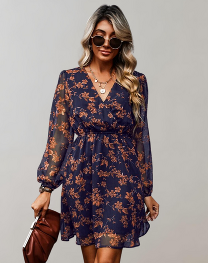 Women’s Stylish Waist-Cinching V-Neck Midi Dress with Floral Prints | Ideal for Spring/Summer