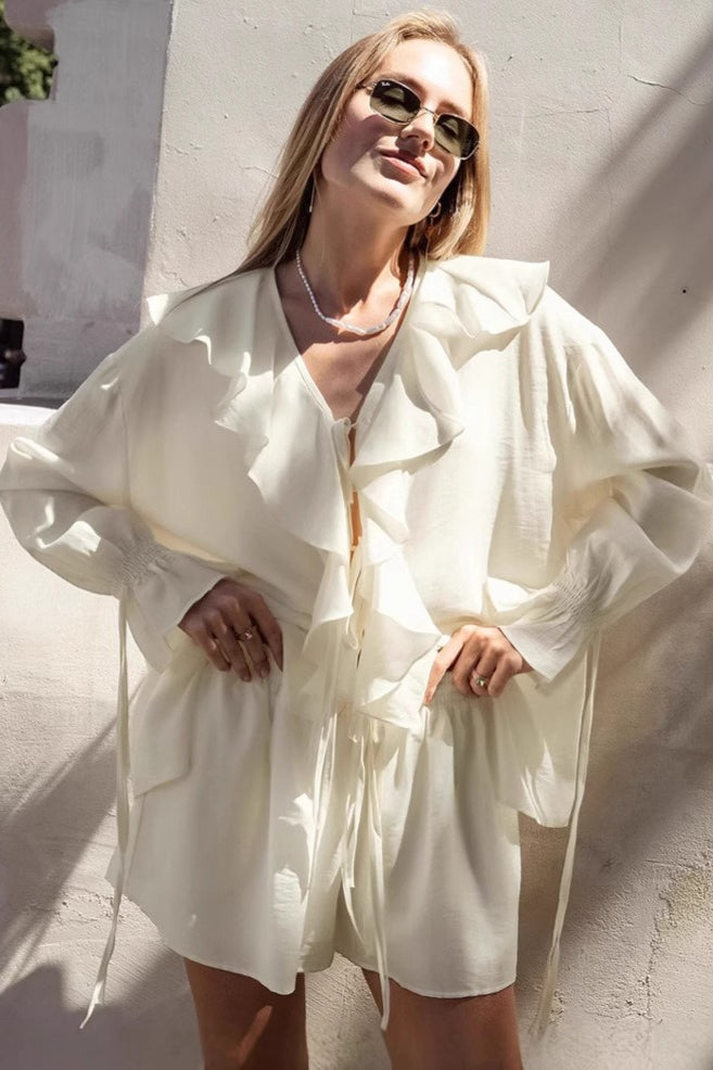 Ruffled V-Neck Loose Two-Piece Blouse