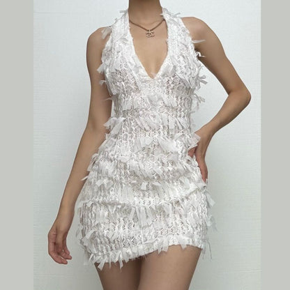 Deep V neck halter self tie backless zip-up mini dress  | Festival Outfits Women