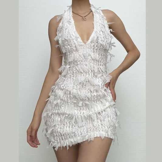 Deep V neck halter self tie backless zip-up mini dress  | Festival Outfits Women