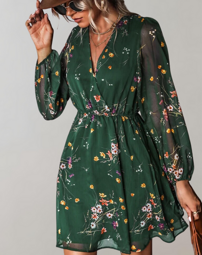 Women’s Stylish Waist-Cinching V-Neck Midi Dress with Floral Prints | Ideal for Spring/Summer