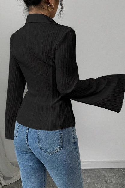 Elegant V-Neck Button-Down Striped Blouse