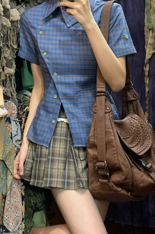 Vintage Blue Plaid Short Sleeve Blouse