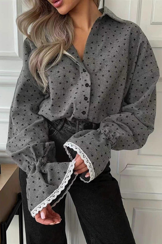 Heart Print Lantern Sleeve Casual Blouse