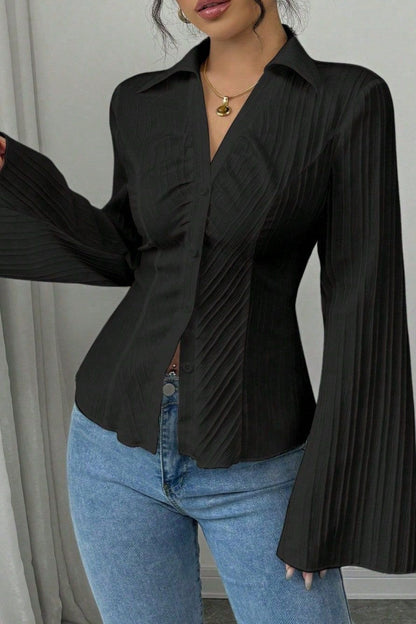 Elegant V-Neck Button-Down Striped Blouse