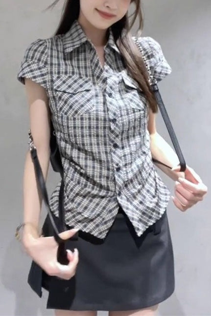 Slim Fit Plaid Short Sleeve Blouse