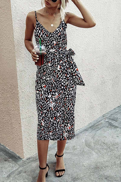 V Neck Print Midi Dress With Belts(4 Colors)