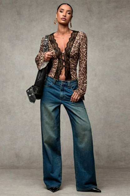 Leopard Print Lace-Paneled Sexy Blouse