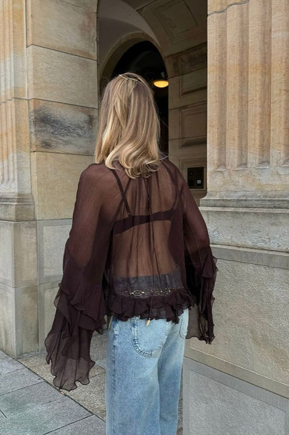 Flared Sleeve Chiffon Ruffle Detail Blouse