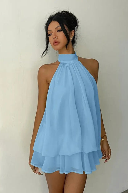 Sexy Backless Halter Tie Waist Slim Fit Ruffled Mini Dress