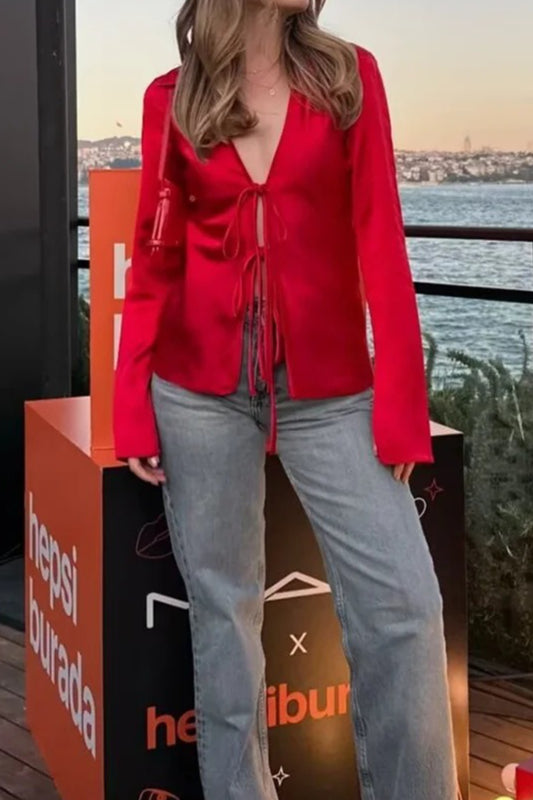V-Neck Tie-Front Blouse