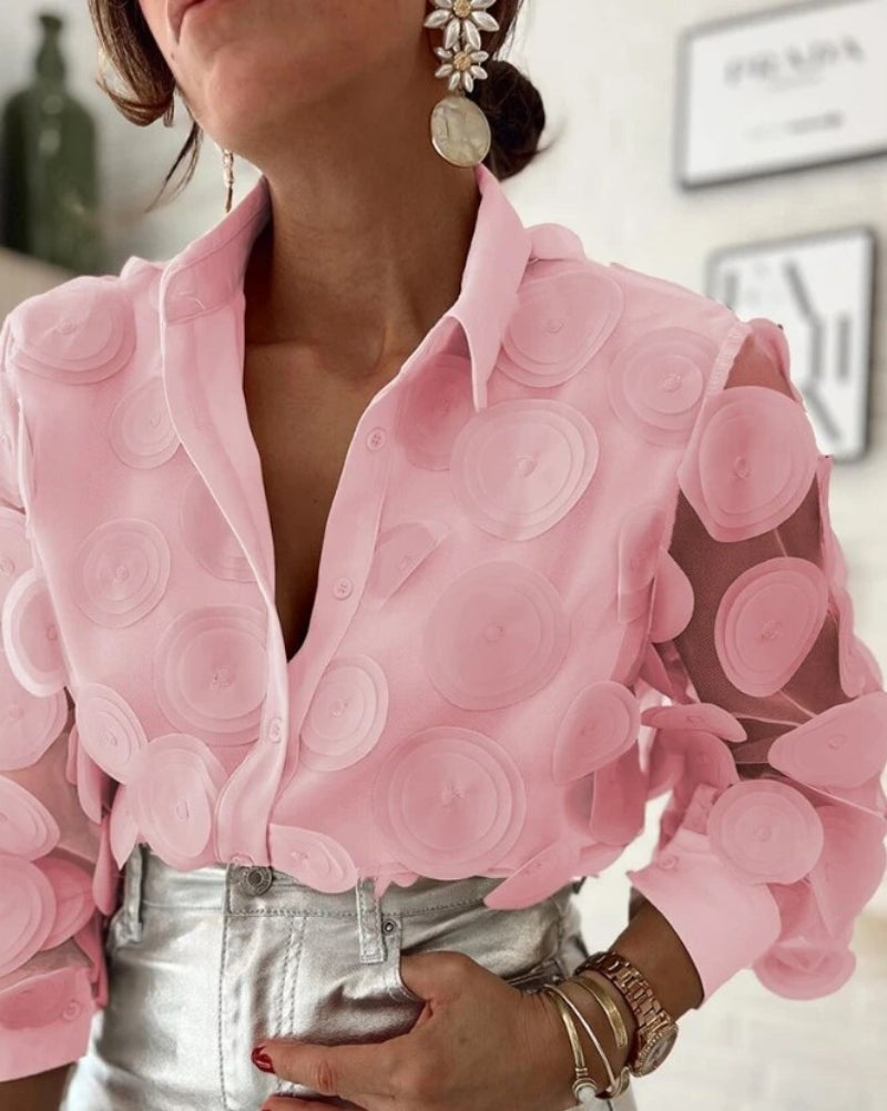 Women's Stylish 3D Petals Long Sleeve Button Front Blouse | Ideal for Spring/Summer