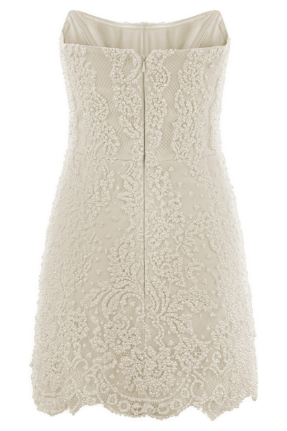 Eva Hand Beaded Pearl & Lace Mini Dress - White