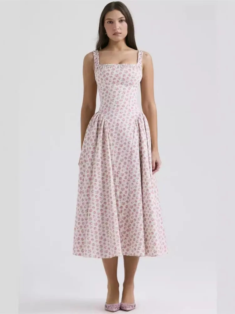 Flower Print Spaghetti Strap Dresses Women Fashion Sexy Backless Low Cut Folds Vacation Style Slim Midi Dress Female Vestidos