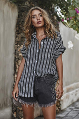 Women's Classic Oversized Striped Short Sleeve Blouse with Buttons | Ideal for Spring/Summer