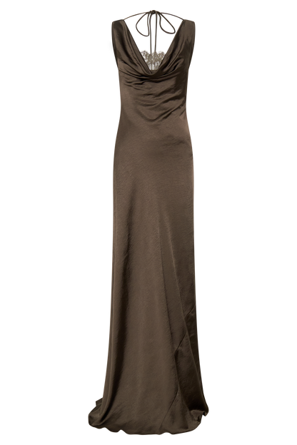 Ashley Cowl Neck Lace And Satin Maxi Dress - Mocha