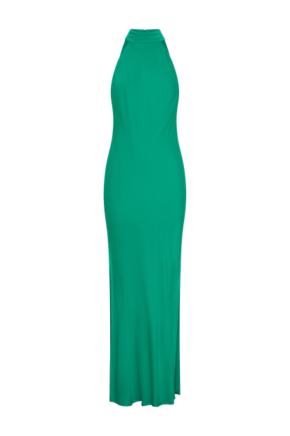 Claire Satin Drape Back Maxi Dress with Split - Green