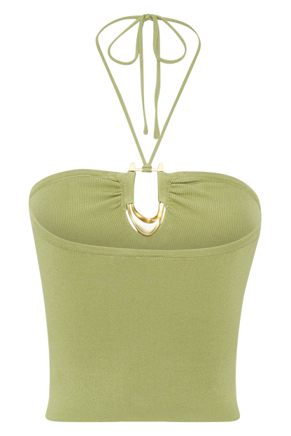 Dimitri Knit Halter Top With Hardware - Light Olive